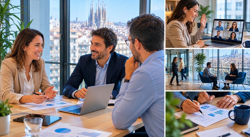 Equipo de Nova-Gestio en Barcelona: reuniones, videollamadas y trabajo en despacho con vistas a la ciudad